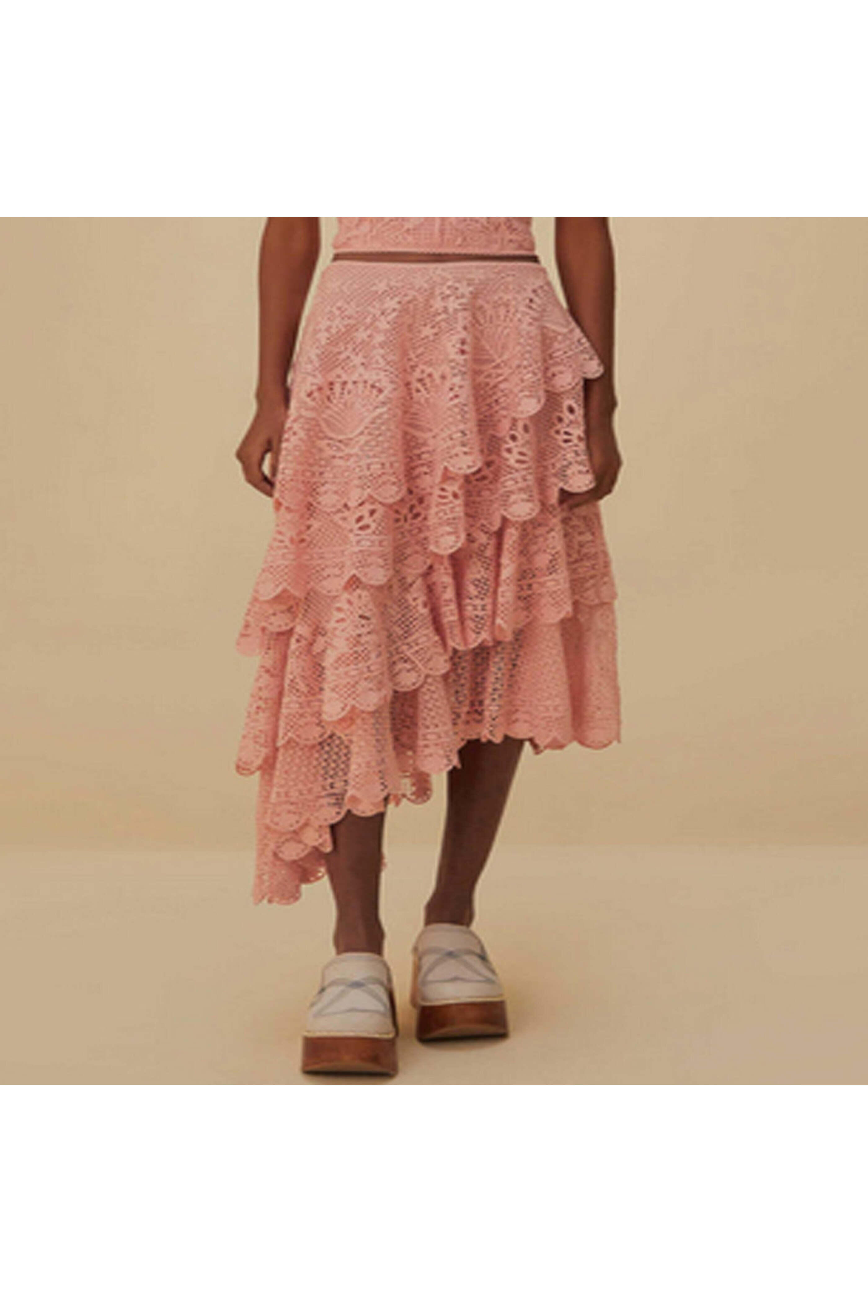 Farm Rio - Light Pink Guipure Tiered Maxi Skirt
