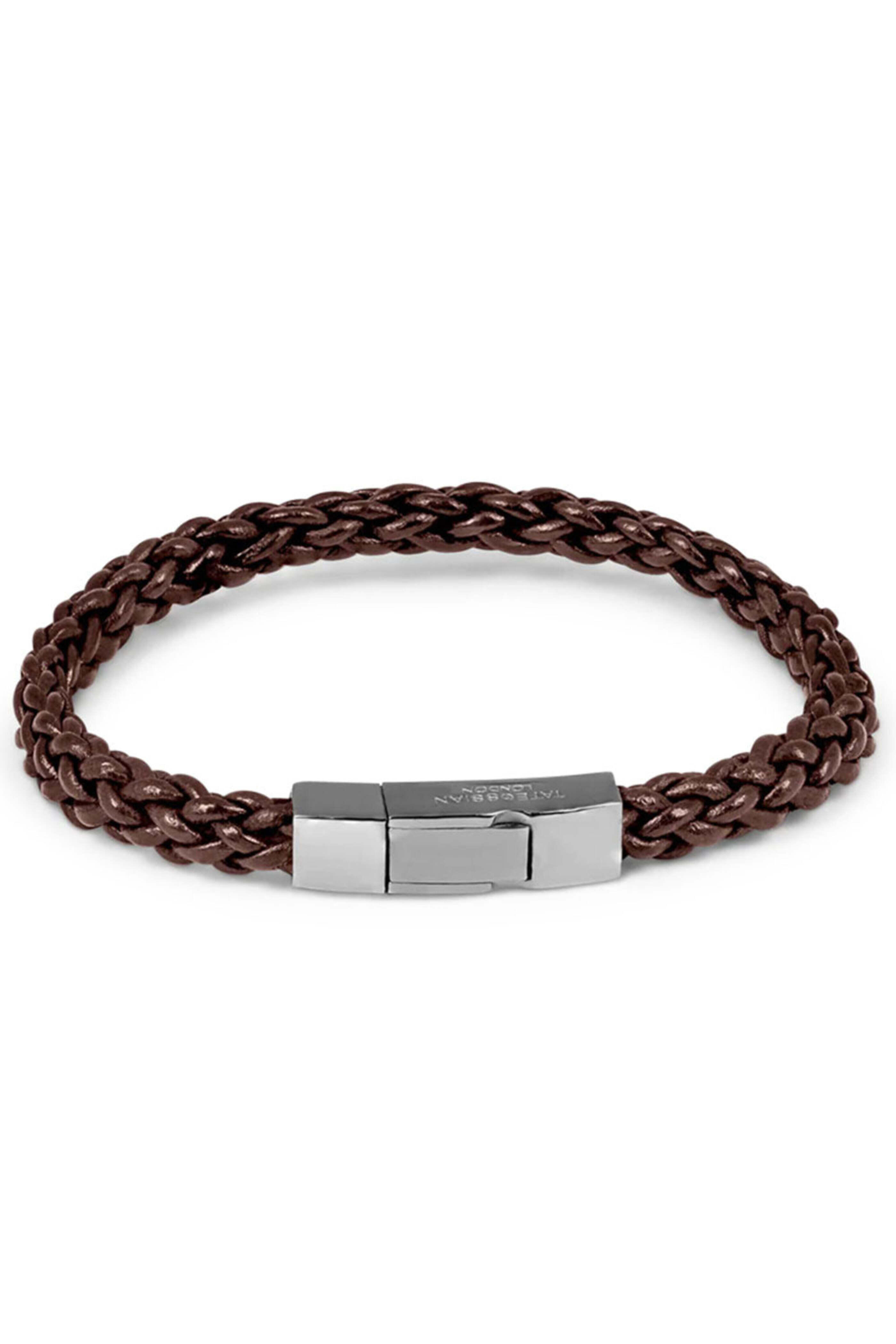 Tateossian - Brown Braided Leather Click Trenza Bracelet