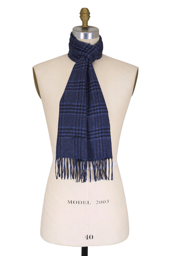 Brioni Navy Blue Check Silk & Cashmere Scarf - view 1