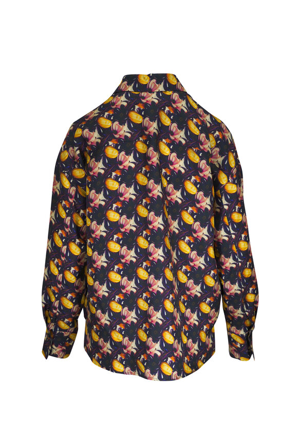 Odeeh Purple & Gold Floral Silk Button Down Blouse - view 4