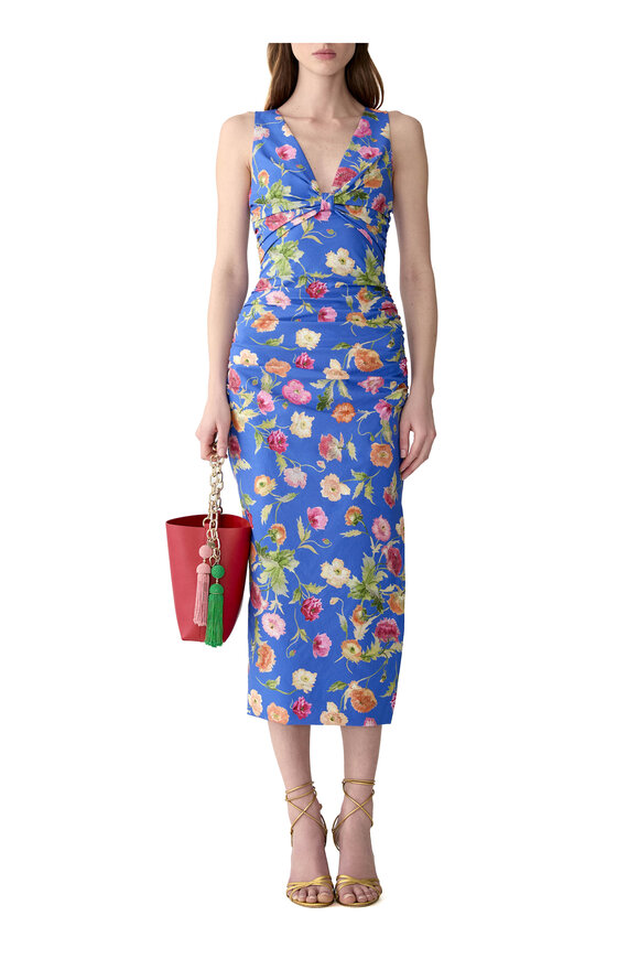 Carolina Herrera Bluebell Poppy Print Gathered V-Neck Midi Dress - view 2