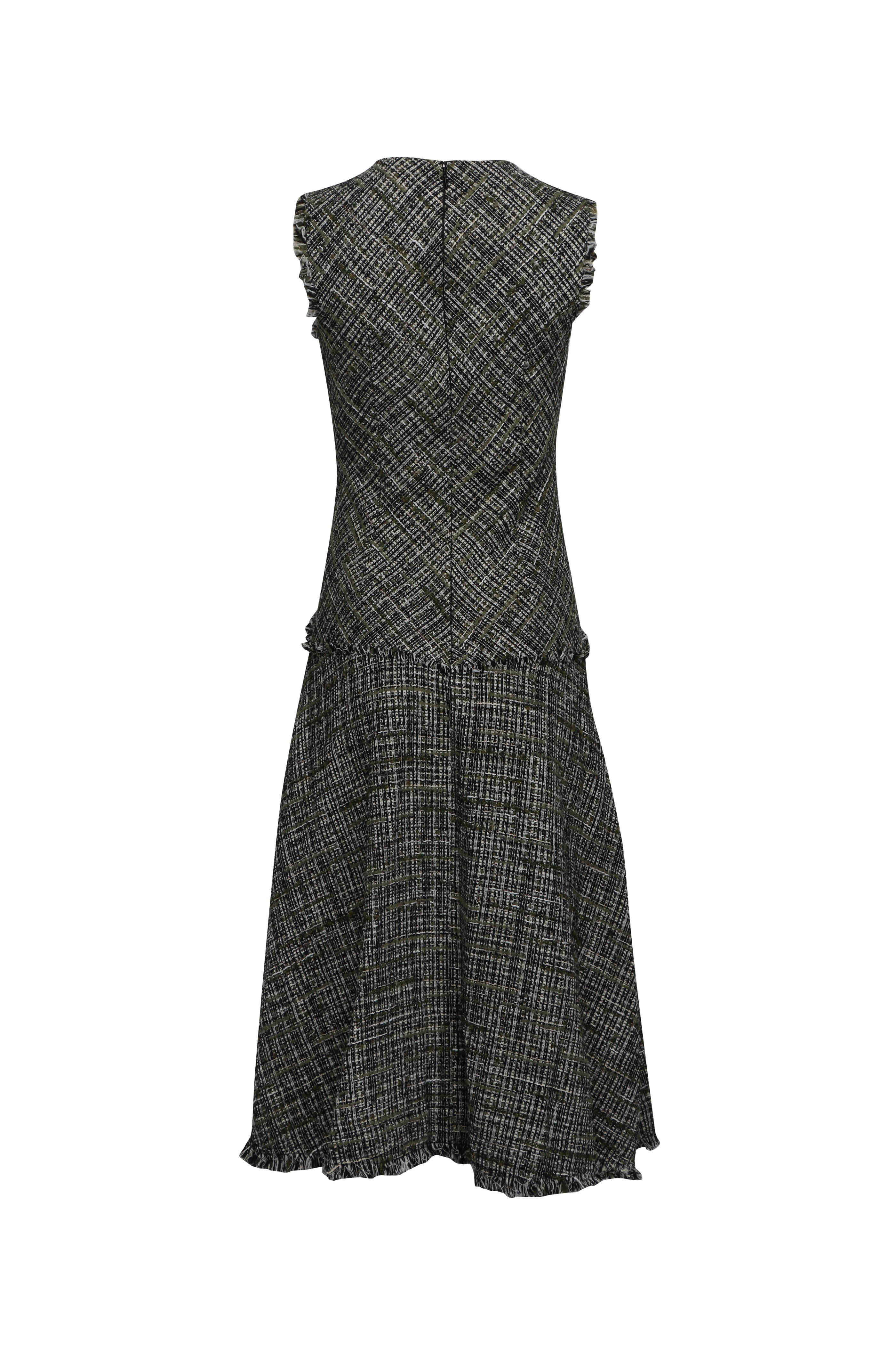 Erdem - Dark Olive Tweed Sleeveless Midi Dress