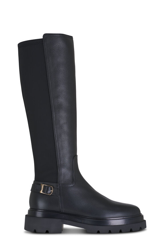 Santoni - Erinbostr Black Leather Buckle Tall Boot 