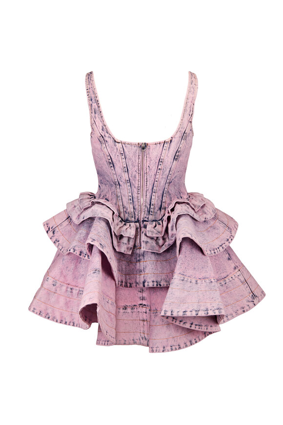 aknvas denim dress flare silhouette Hem falls above the knee Center back zip Cotton Lining Devyn Saxe Blue Denim Ruffle