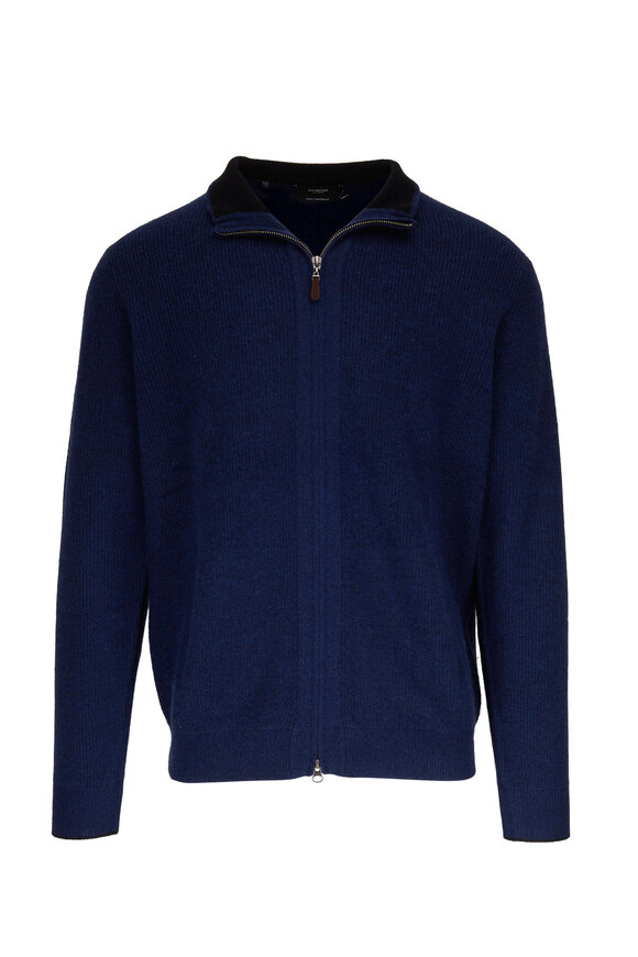 Kinross - Navy Ribbed Cashmere Full Zip Sweater