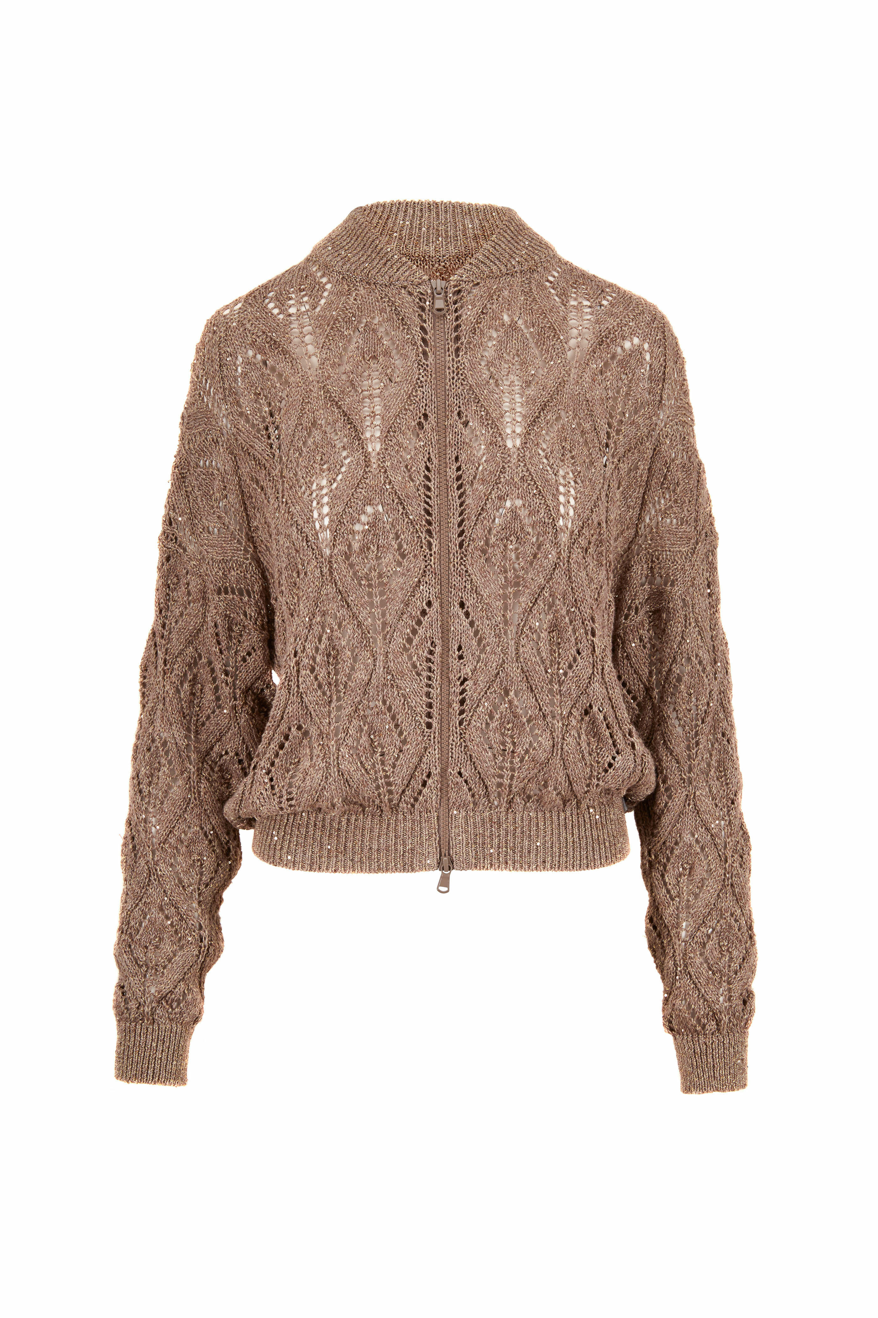 Brunello Cucinelli - Tobacco Linen & Cotton Diamond Crochet Bomber