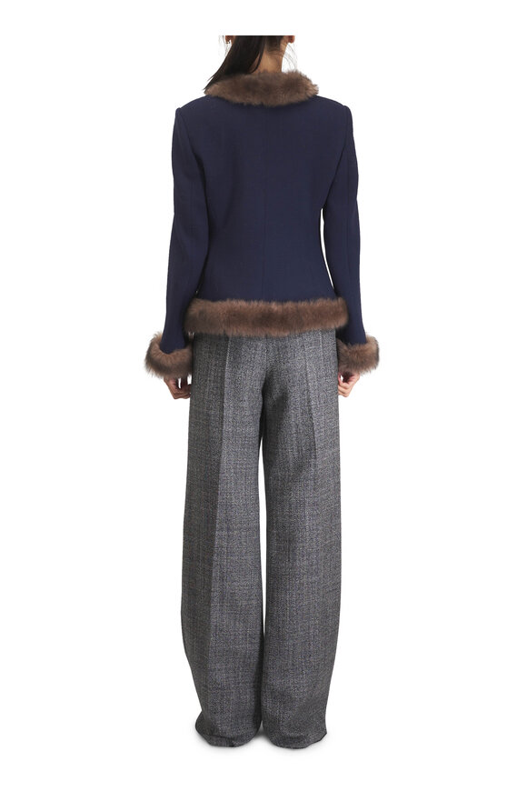 Valentino Navy Blue & Brown Wool Crepe Shearling Jacket - view 4