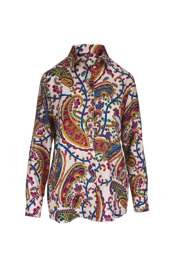 Etro Off White Multi Paisley Print Silk Button Up Shirt