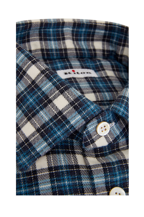 Kiton - Blue Plaid Cotton Dress Shirt