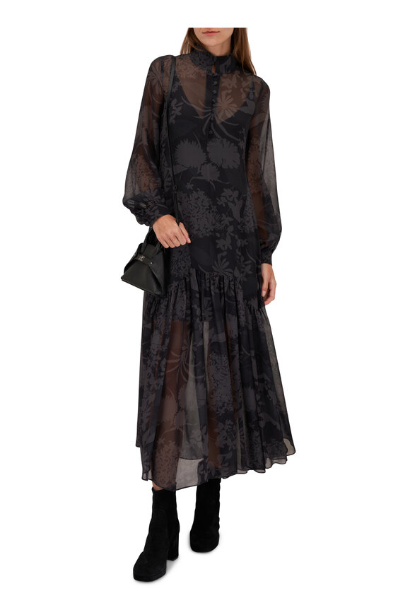 Akris - Black & Gray Sheer Silk Printed Floral Gown 