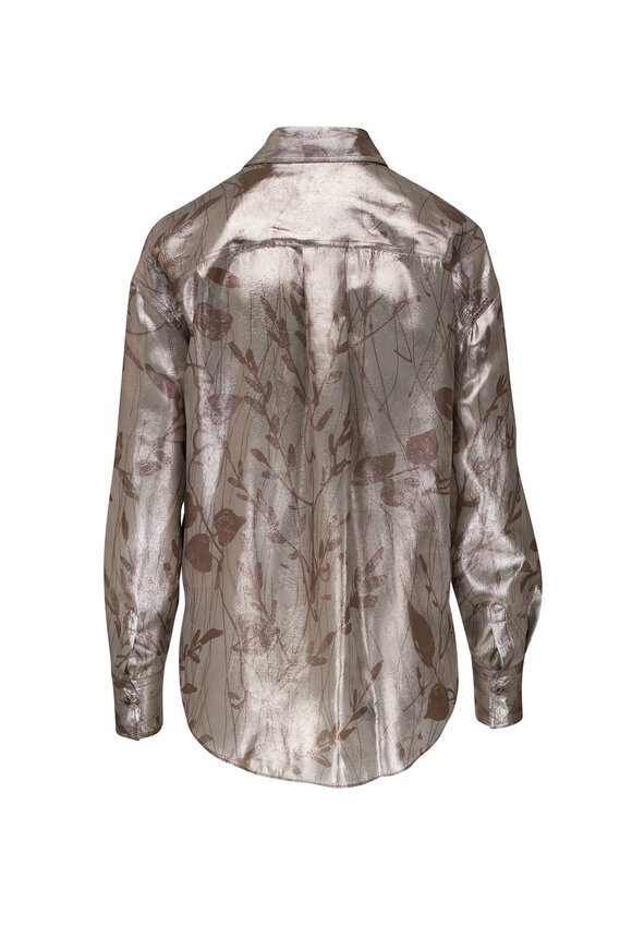 Brunello Cucinelli - Gray Metallic Silk Print Western Blouse