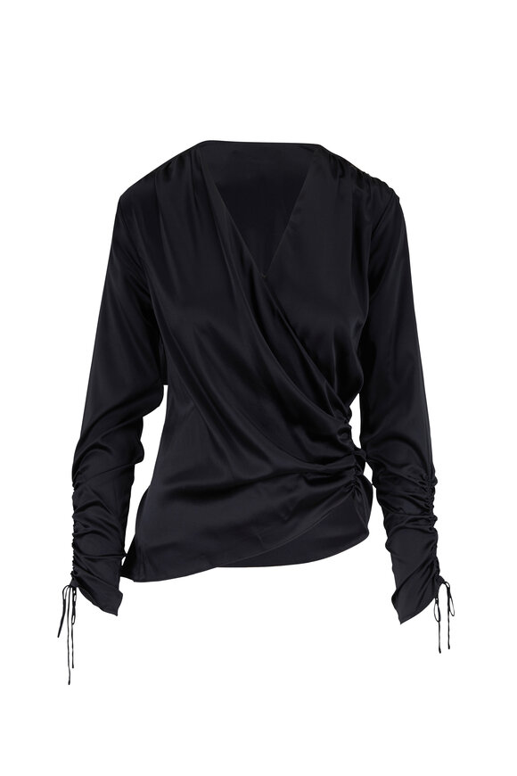 Jonathan Simkhai - Black Satin Ruched V-Neck Blouse