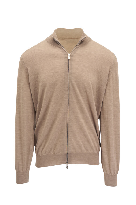 Brunello Cucinelli Light Brown Wool & Cashmere Zip Cardigan