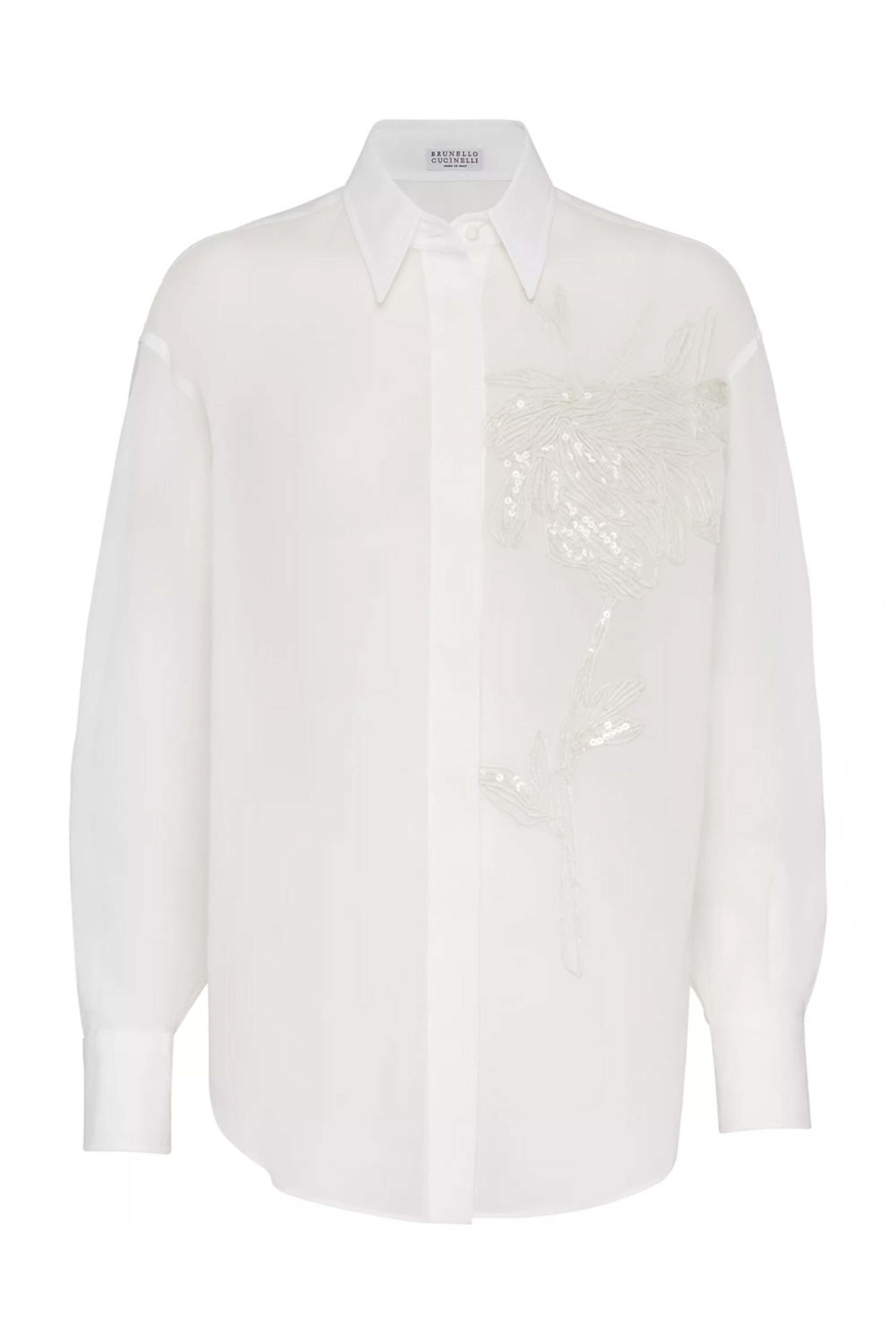 Brunello Cucinelli - White Embroidered Raffia Magnolia Silk Blouse