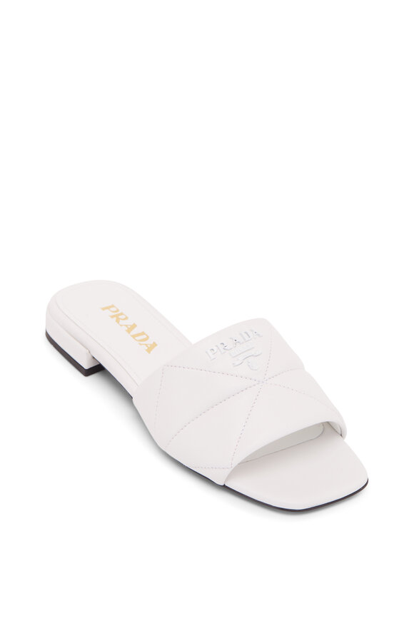 PRADA ミュール ホワイト Prada - White Quilted Leather Logo Flat Slide | Mitchell Stores