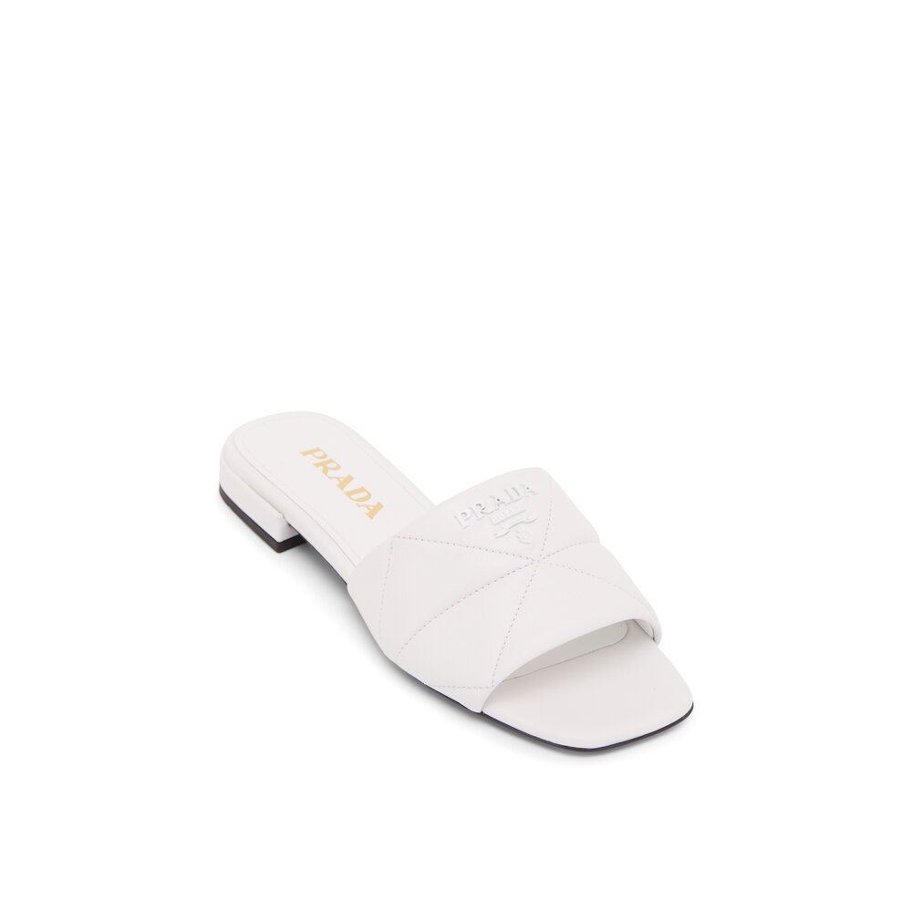Prada - White Quilted Leather Logo Flat Slide | Mitchell Stores