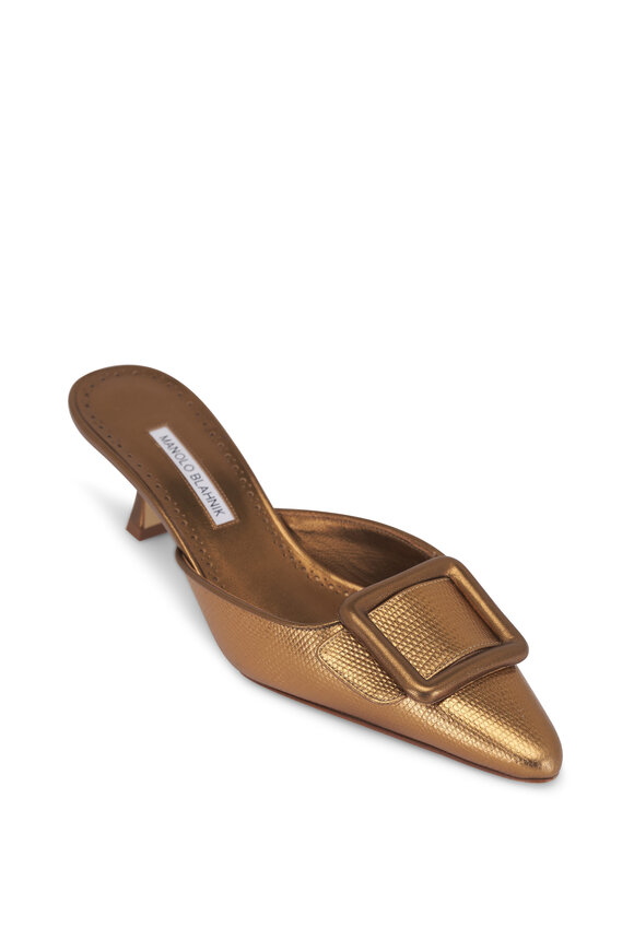 Manolo Blahnik Maysalebi Bronze Leather Buckle Mule, 50mm