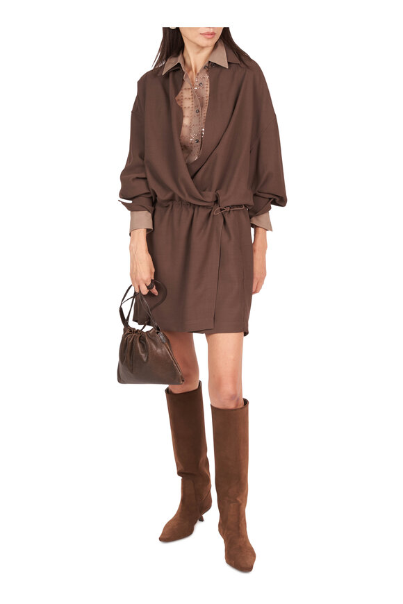 Brunello Cucinelli Chocolate Fluid Twill Drawstring Shirt Dress - view 2