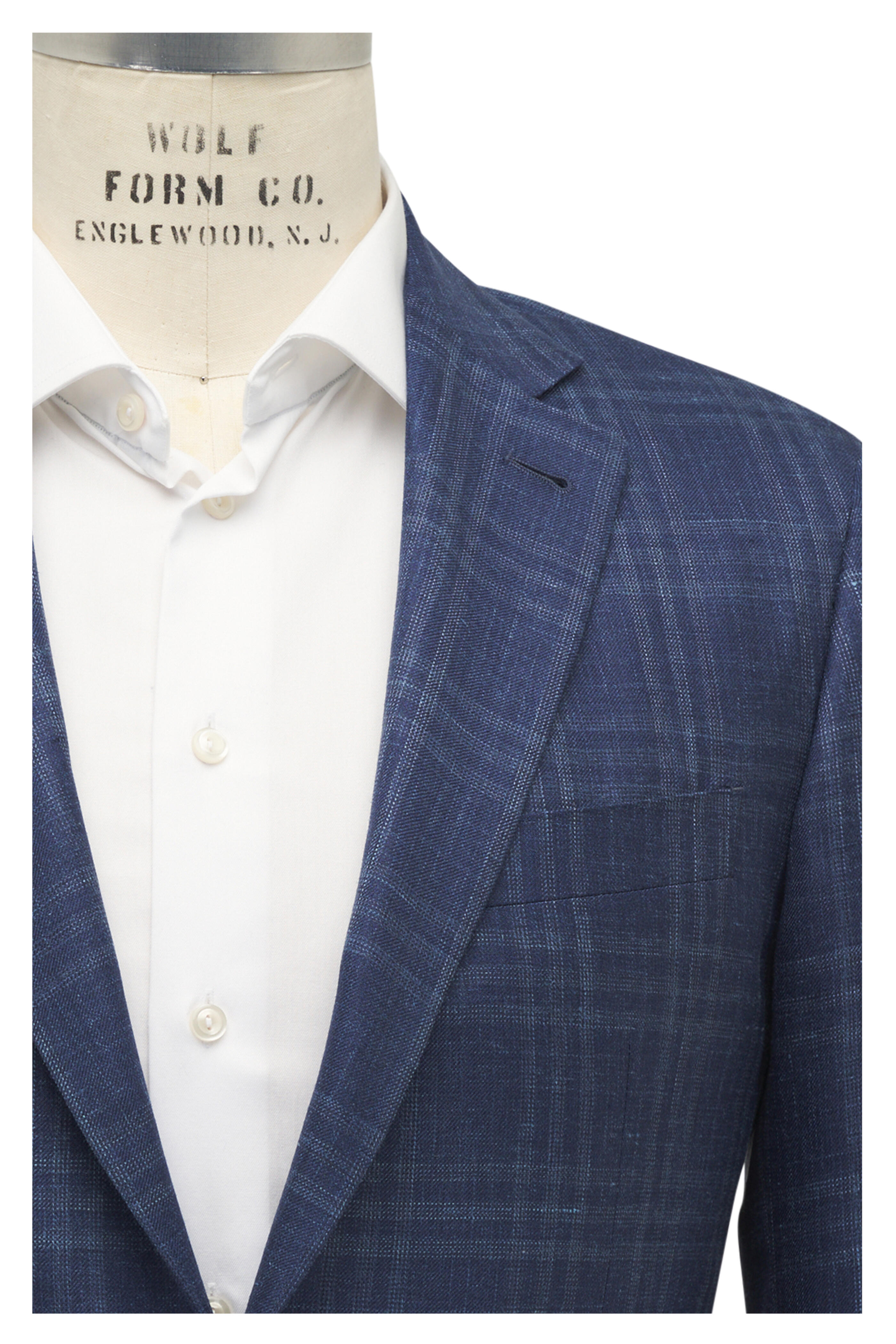 Canali - Dark Blue Plaid Wool, Silk & Linen Sportcoat