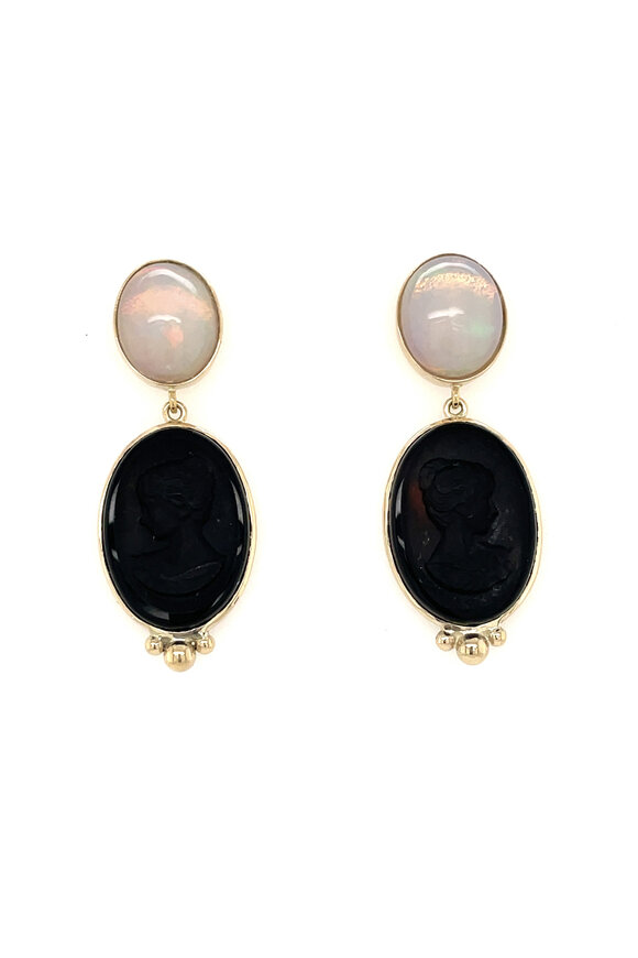 Ellen Hoffman Carved Ethiopian Opal & Black Onyx Cameo Earrings