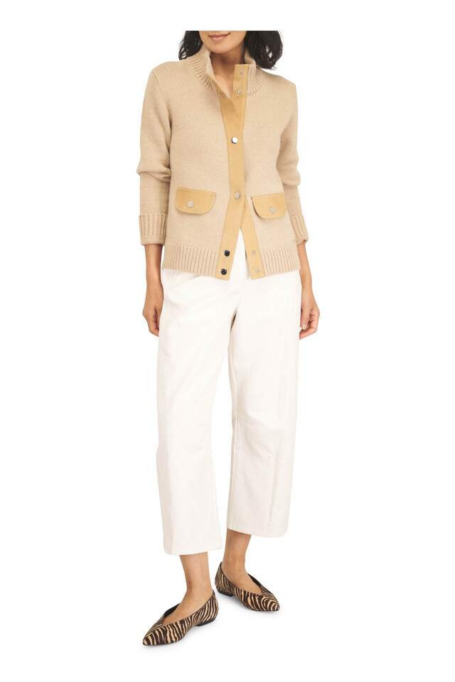 Designer outfit featuring Bancroft Espresso Textured Flat and Ochre Suede Trim Bomber Sweater