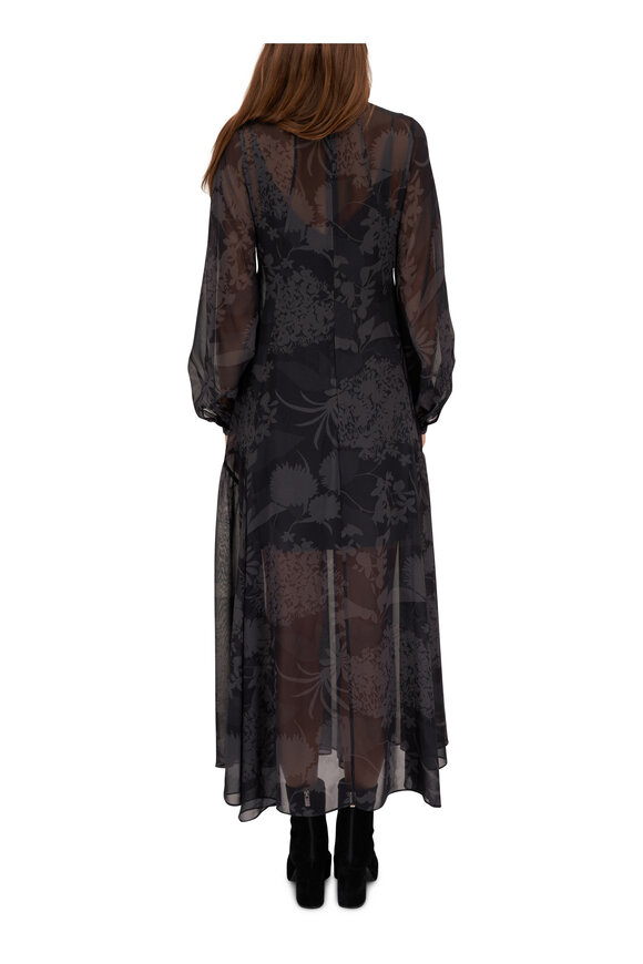 Akris - Black & Gray Sheer Silk Printed Floral Gown 