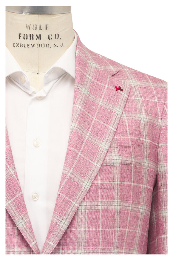 Isaia Pink Plaid Wool, Silk & Linen Sport Coat