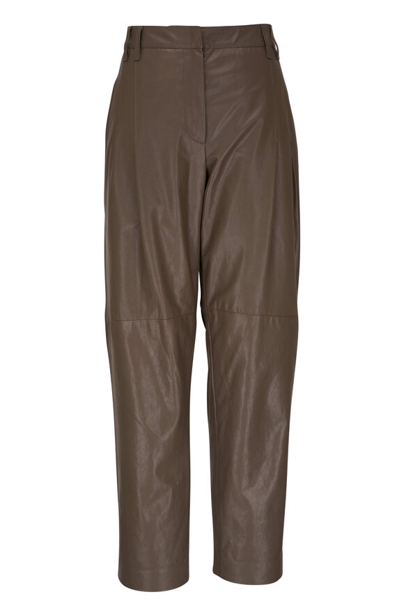 Brunello Cucinelli Mudd Leather Front Pleated Pant 