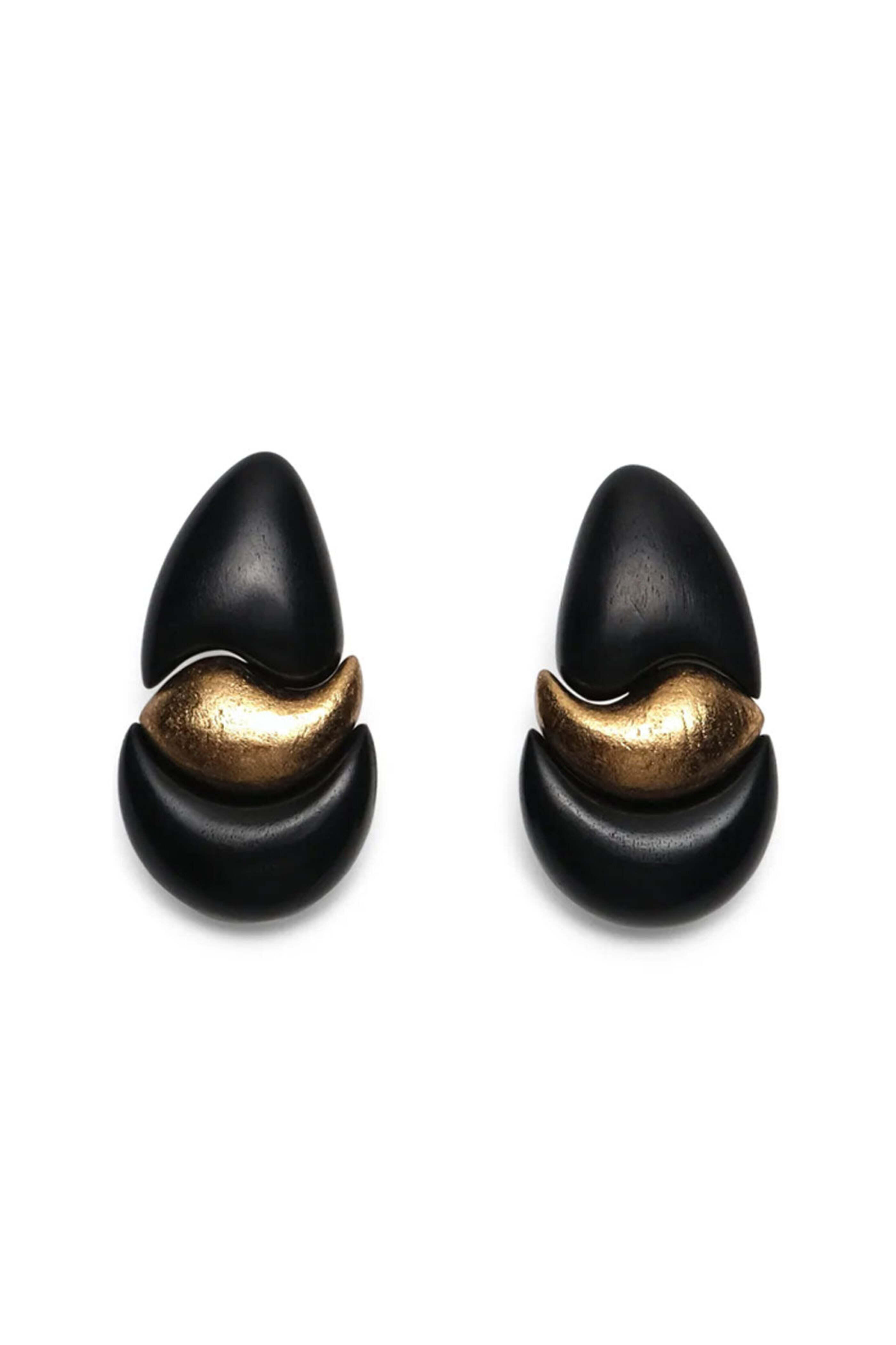 Monies - Long Ebony Wood & Gold Leaf Clip Earrings