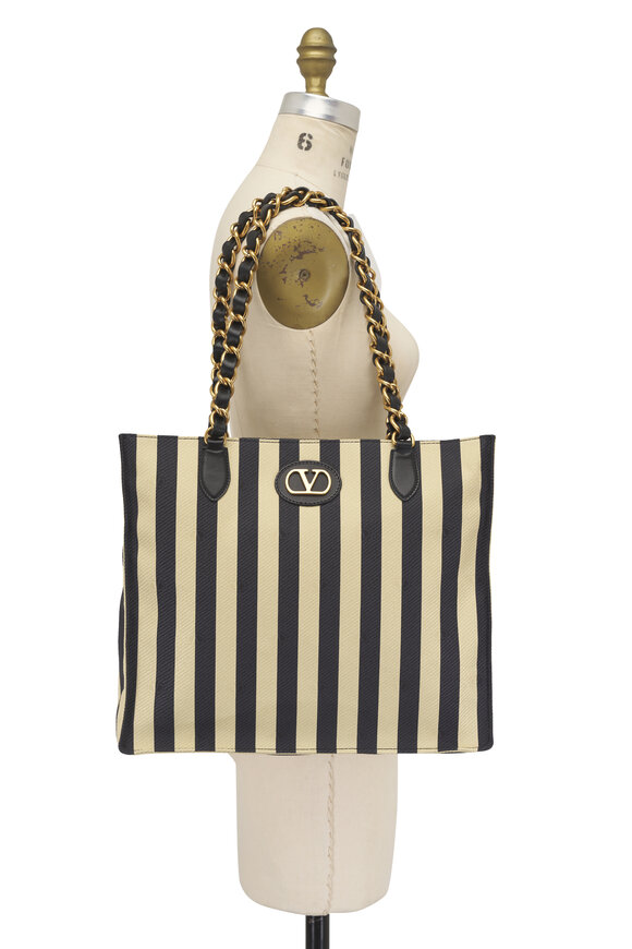 Valentino Garavani Tess Black & Ivory Jacquard Stripe Chain Tote - view 6