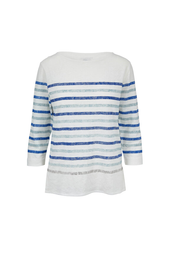Majestic - White & Blue Striped Stretch Linen Deluxe T-Shirt