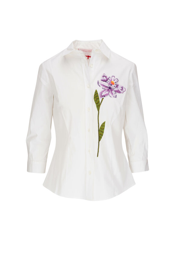 Carolina Herrera floral-embroidered puff-sleeve cotton shirt - White