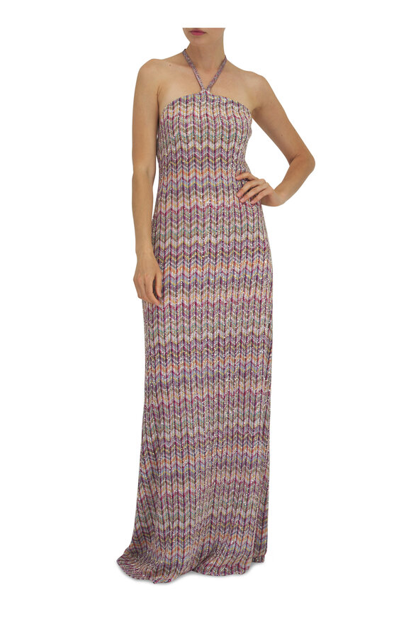 Missoni - Multicolor Striped Lurex Halter Maxi Dress 