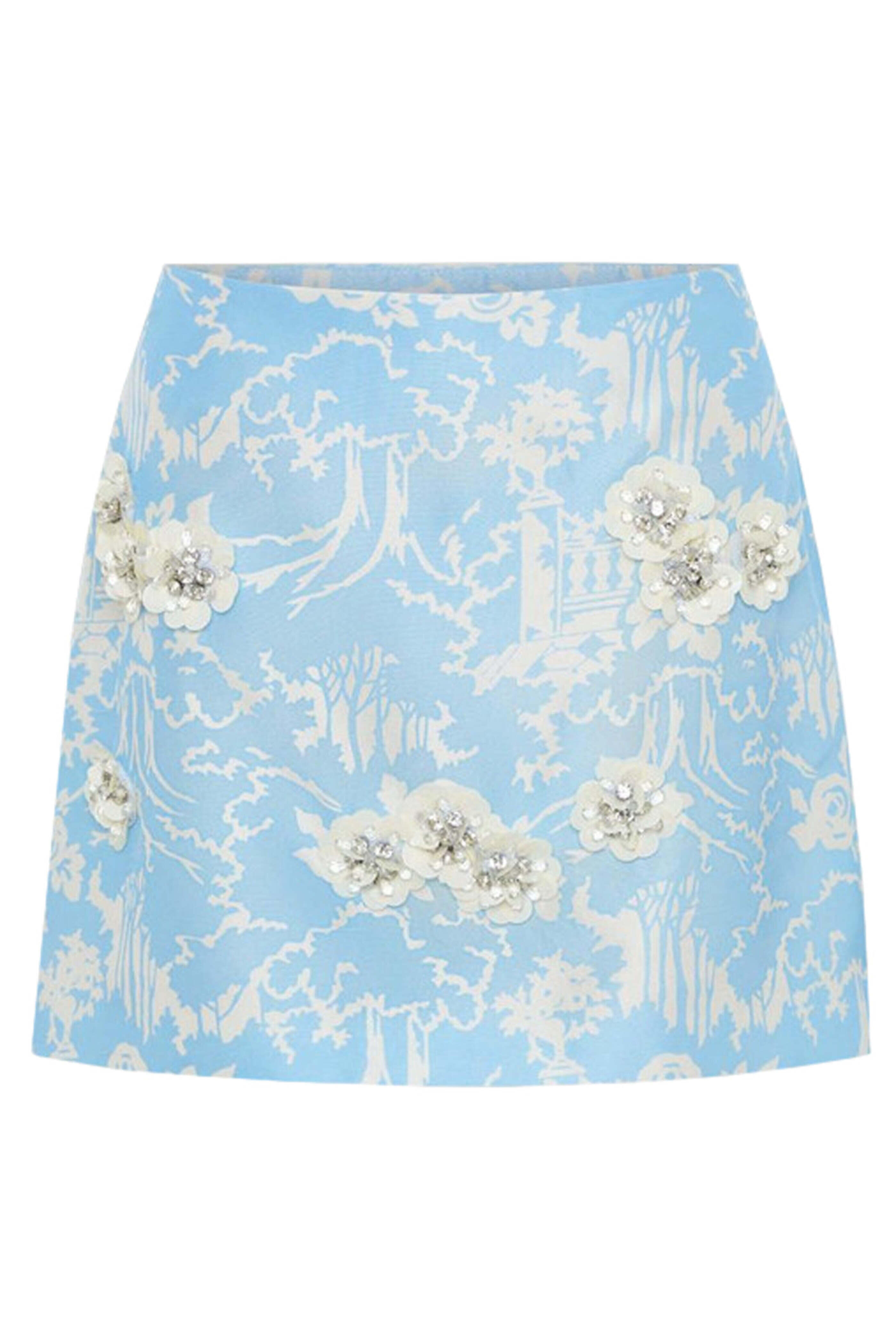Oroton - Sky Blue Toile Embellished Garden Mini Skirt