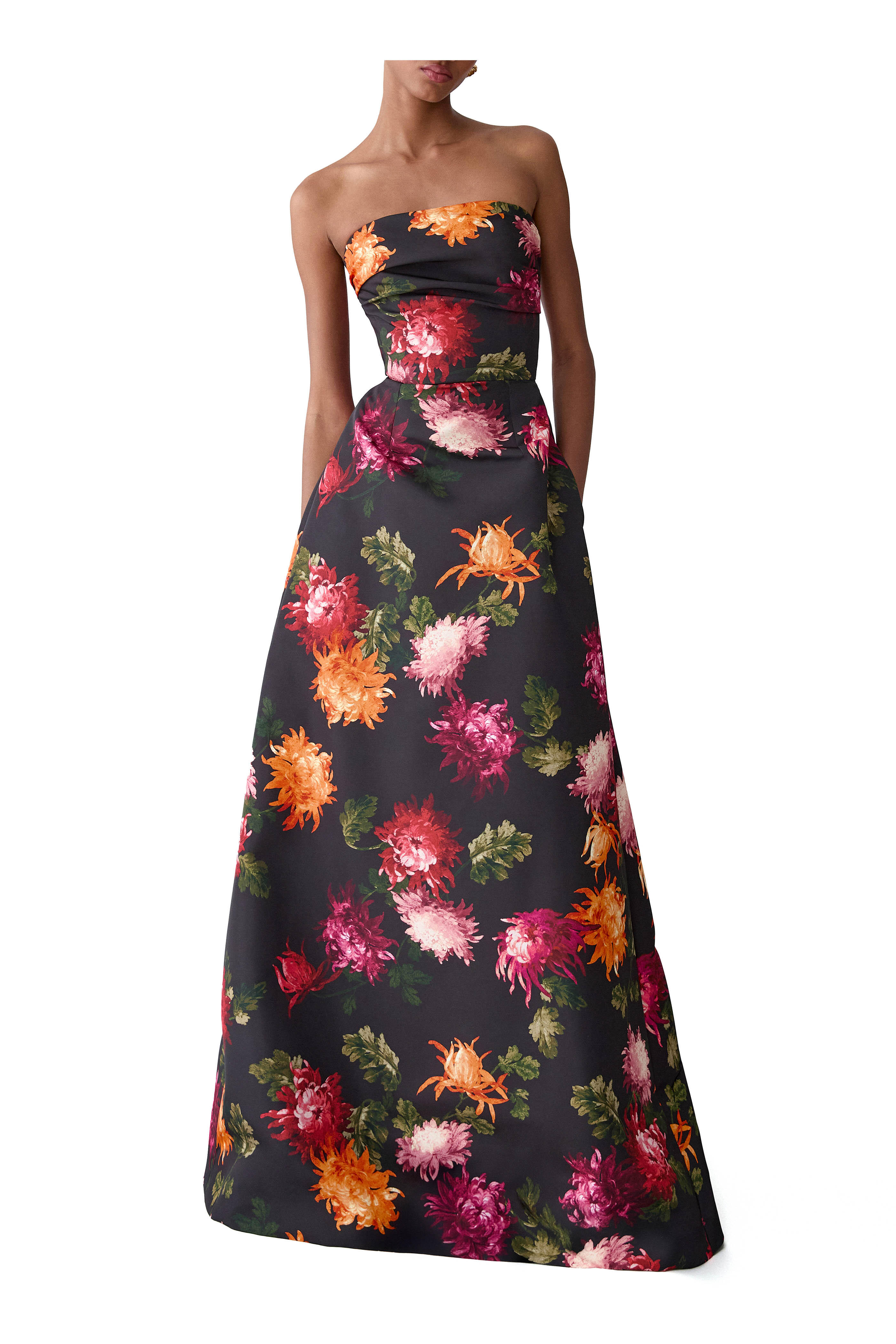 Carolina Herrera - Strapless A Line Black Multi Floral Gown
