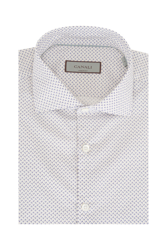 Canali White & Blue Micro Geometric Print Sport Shirt - view 1