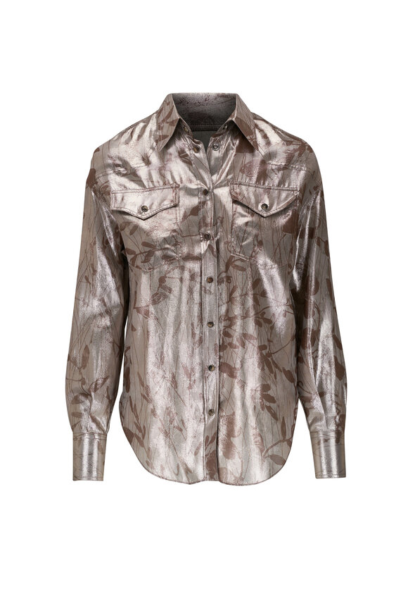 Brunello Cucinelli - Gray Metallic Silk Print Western Blouse