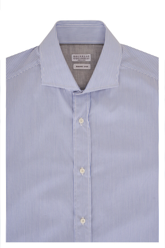 Brunello Cucinelli Blue & White Stripe Cotton Sport Shirt 