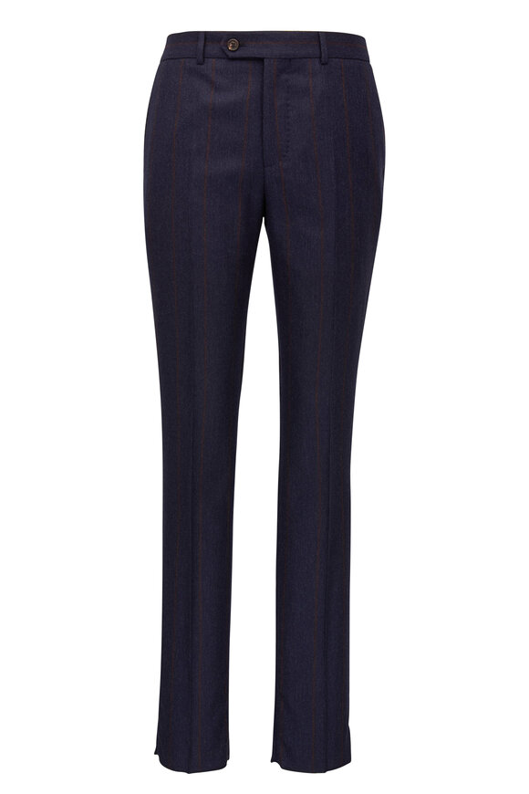 Brunello Cucinelli - Navy Blue Wool Blend Striped Suit