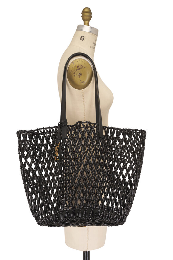 Saint Laurent Medium Panier Woven Wood Bead Black Tote - view 6