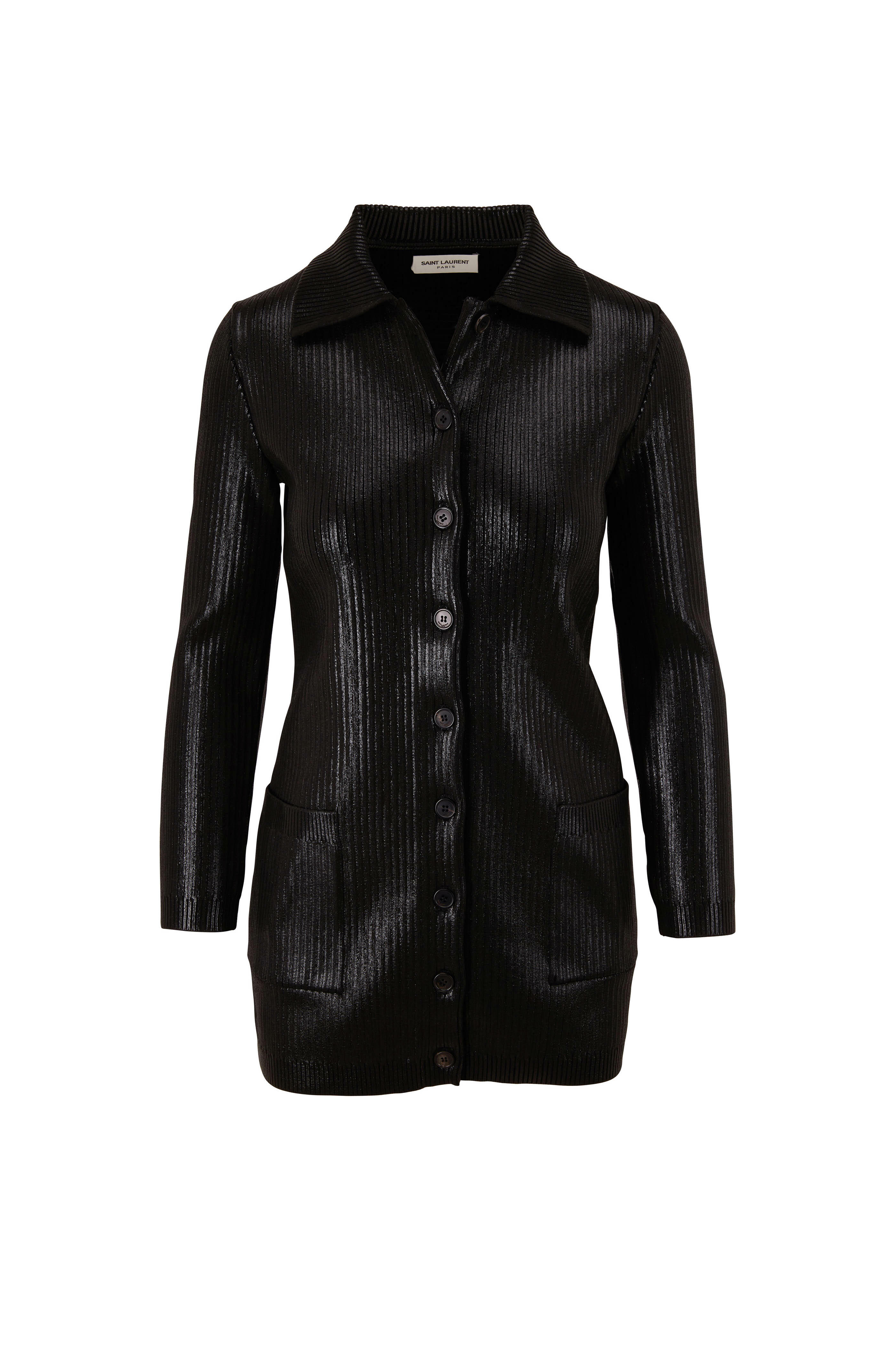 Saint Laurent - Black Laminated Ribbed Long Sleeve Shirt Dress