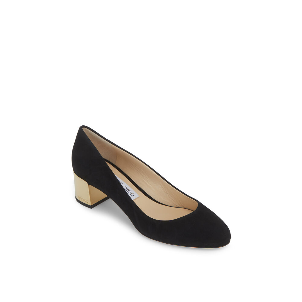 Jimmy Choo - Jessie Black Suede Gold Block Heel Pump, 40mm