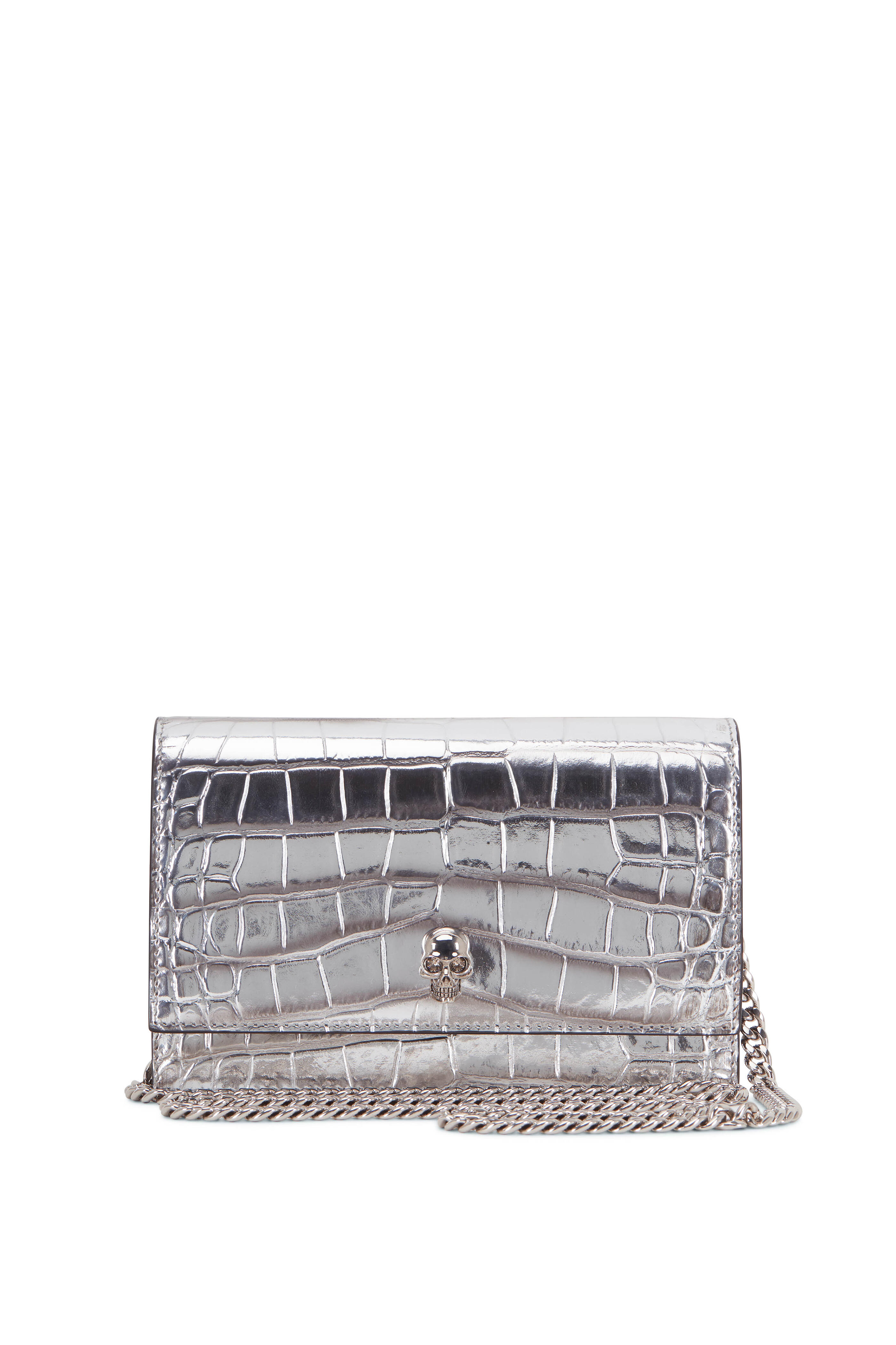 Alexander McQueen - Skull Silver Croc Embossed Small Crossbody Bag