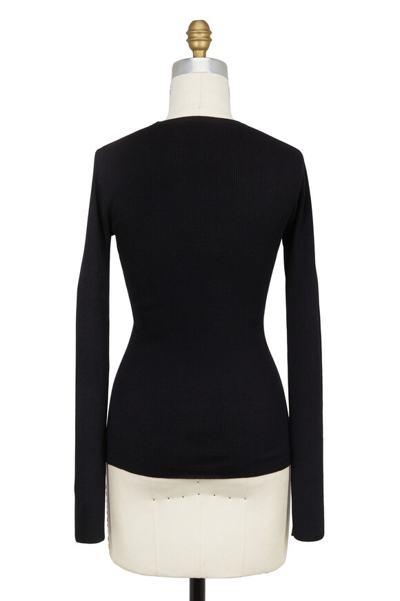 Michael Kors Collection - Black Ribbed Cashmere Long Sleeve Crewneck Sweater