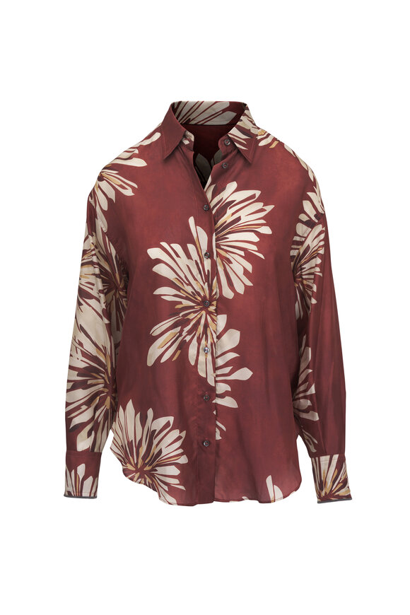 Brunello Cucinelli Burgundy Dahlia Print Silk Blouse