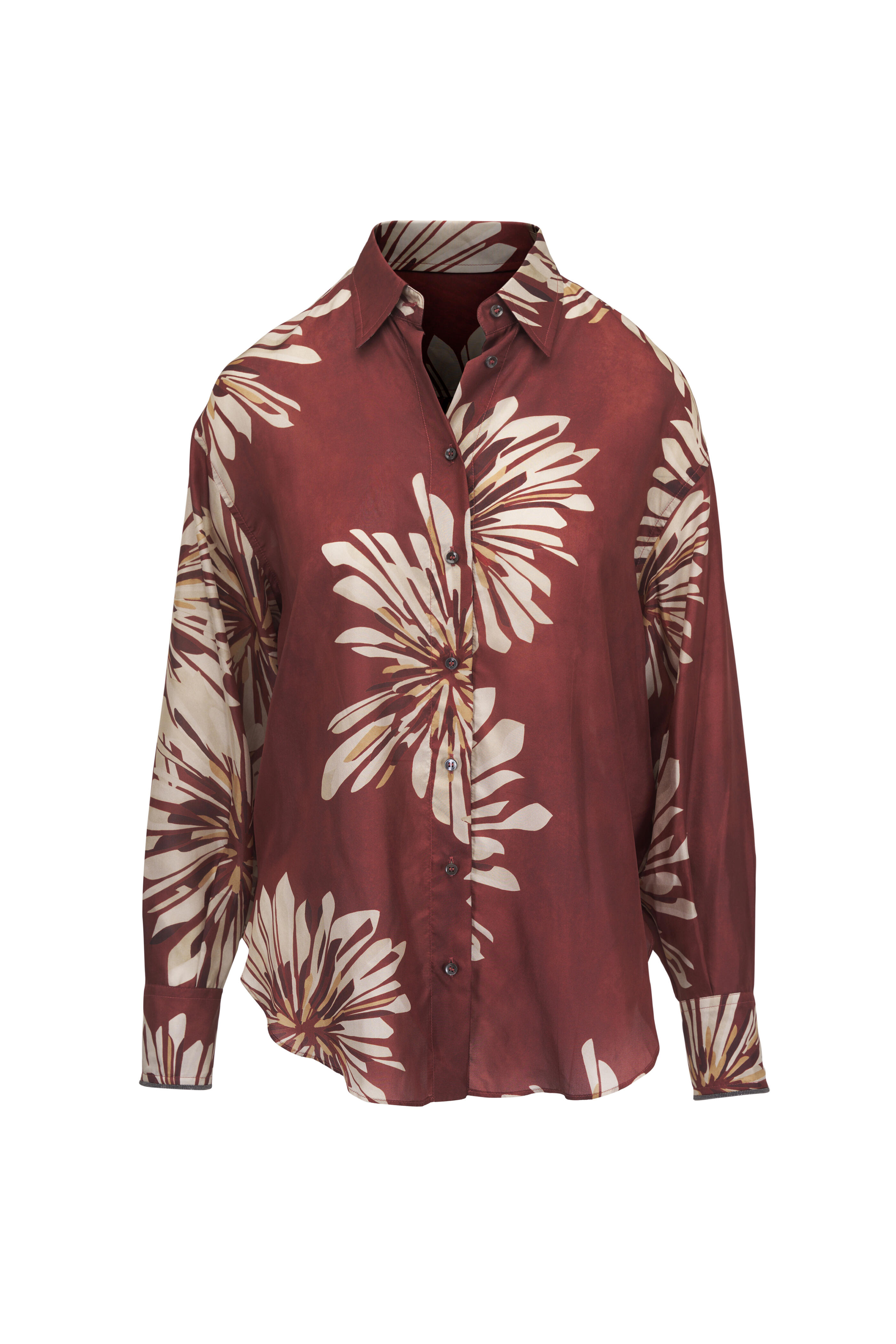 Brunello Cucinelli - Burgundy Dahlia Print Silk Blouse