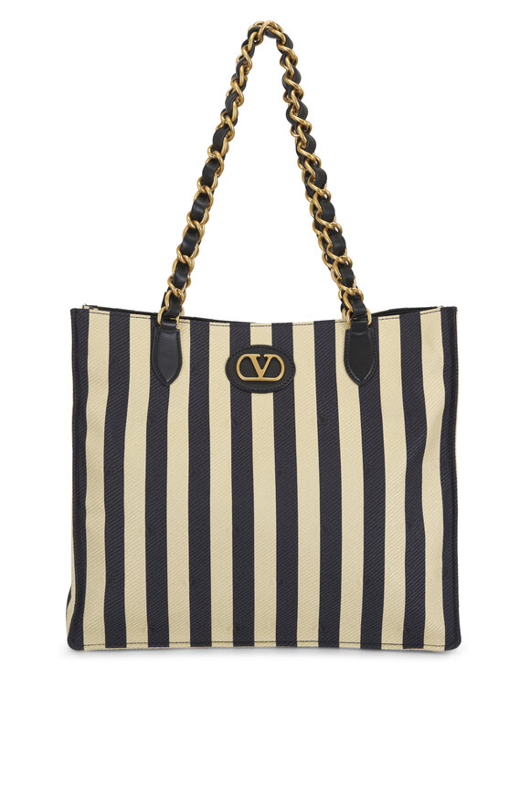 Valentino Garavani Tess Black & Ivory Jacquard Stripe Chain Tote