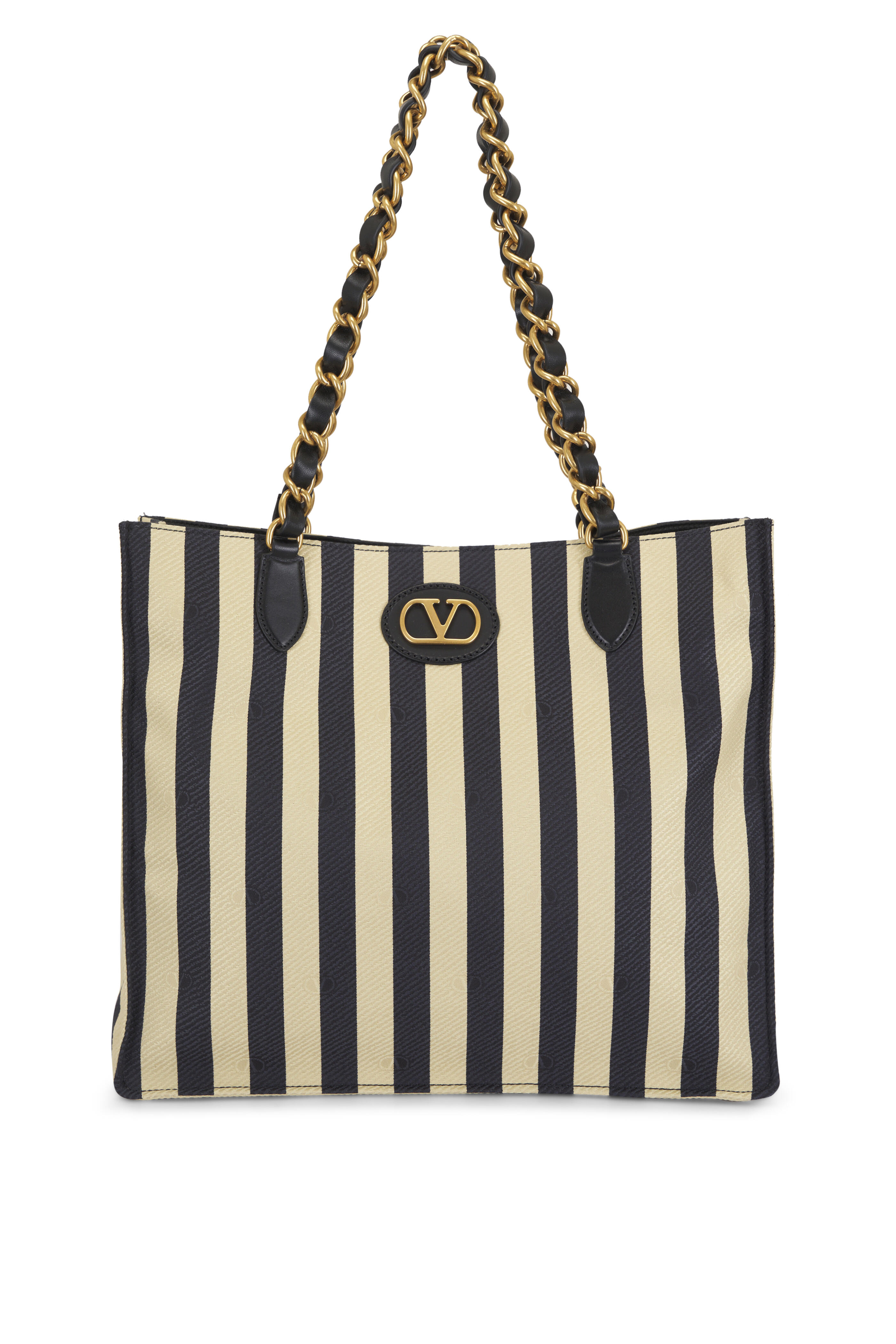 Valentino Garavani - Tess Black & Ivory Jacquard Stripe Chain Tote