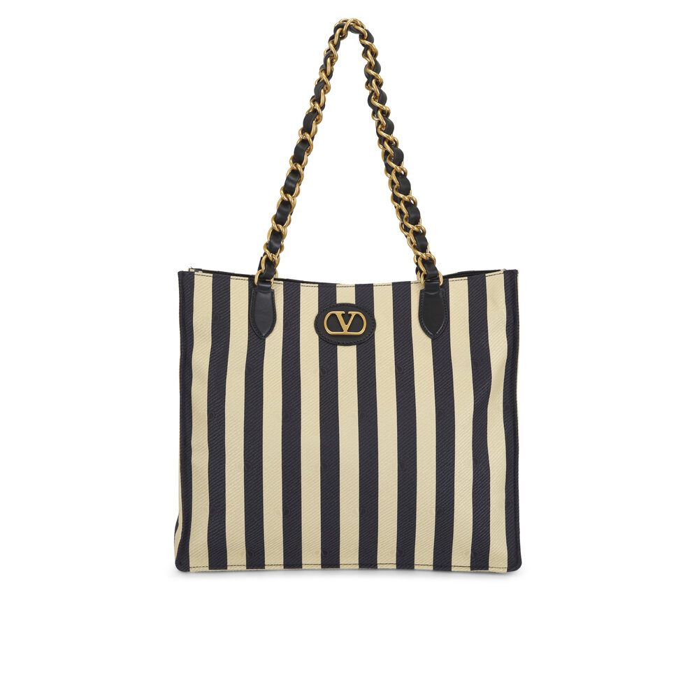 Valentino Garavani - Tess Black & Ivory Jacquard Stripe Chain Tote