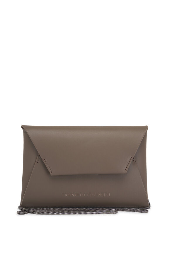 Brunello Cucinelli Ice Gray Envelope Leather Crossbody Bag 